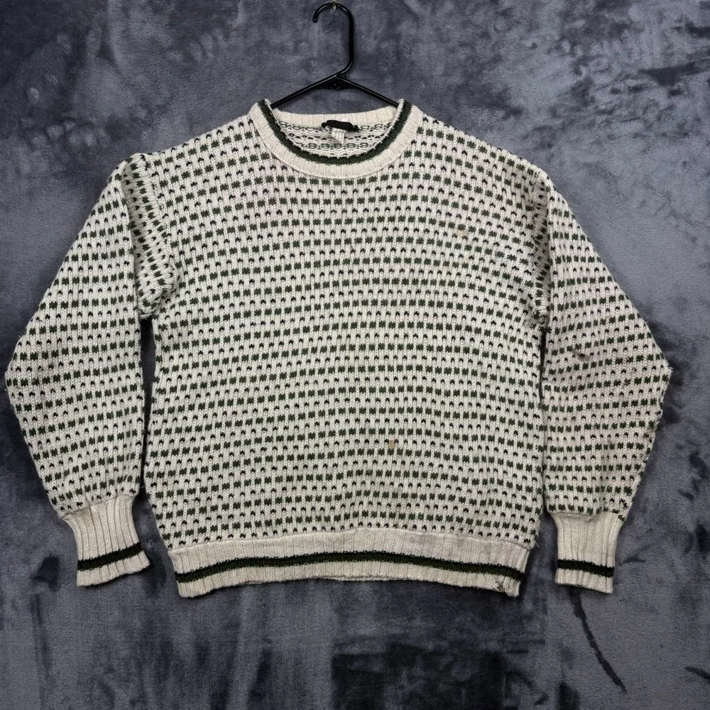 Fathom Sweater Mens L White Green Wool Blend Nordic Knit Crew Neck Vintage